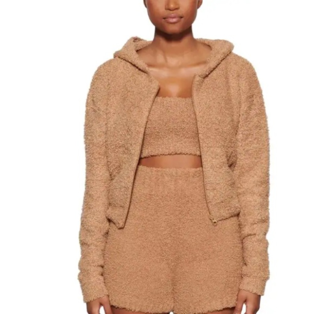 🧡🌟SKIMS Cozy Knit Zip Sherpa Teddy Hoodie Jacket Camel Cropped S/M EUC
